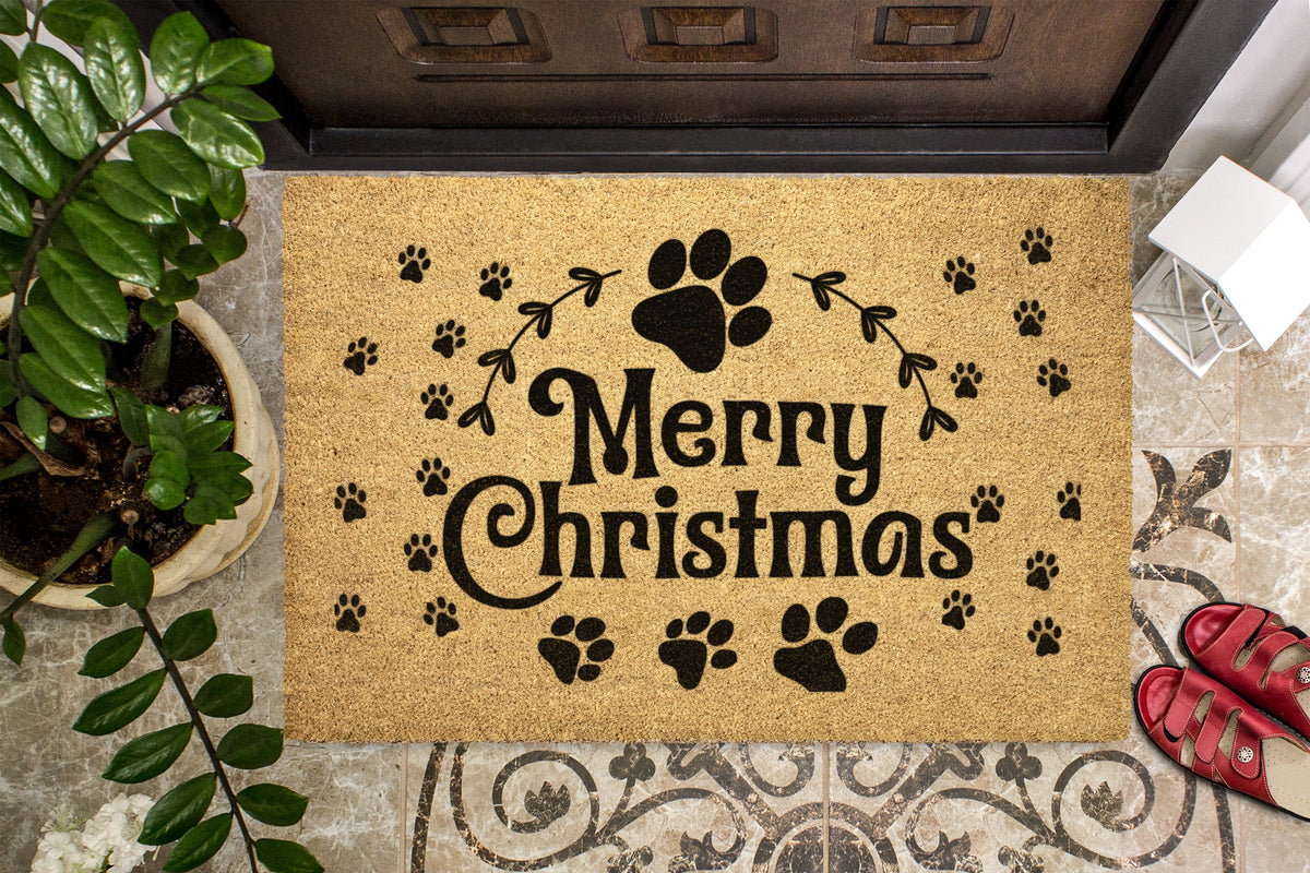 Merry Christmas Pawprint Outdoor Bristle Door Mat