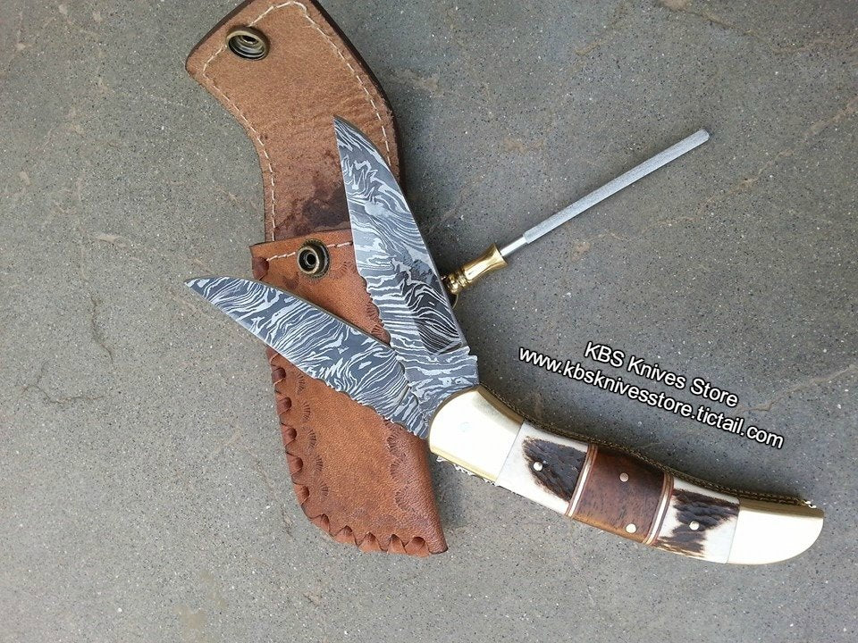 Everyday Carry Custom Handcrafted Damascus Steel Double Blade Folding Pocket Knife – The Dual Edge