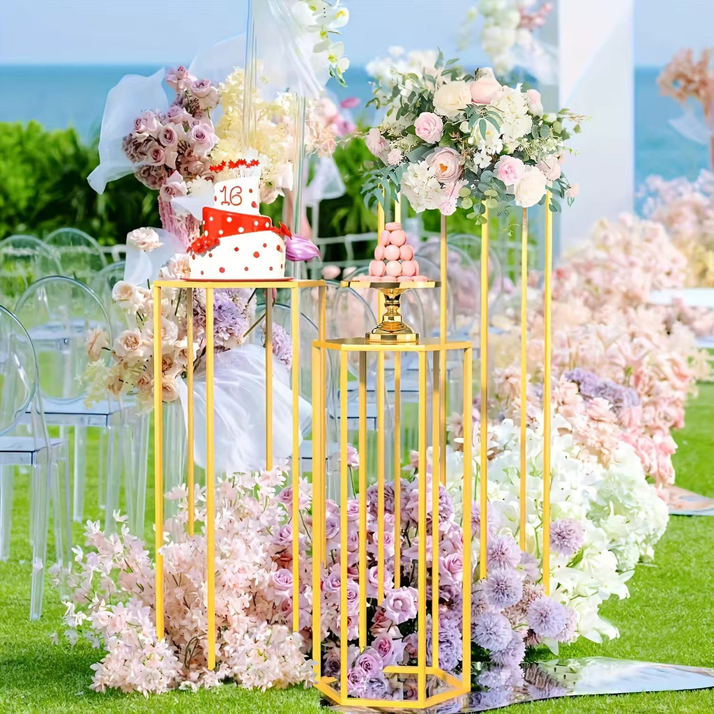 Hex Wedding Cake Stands | 3-Piece Set Gold Metal Pedestals
