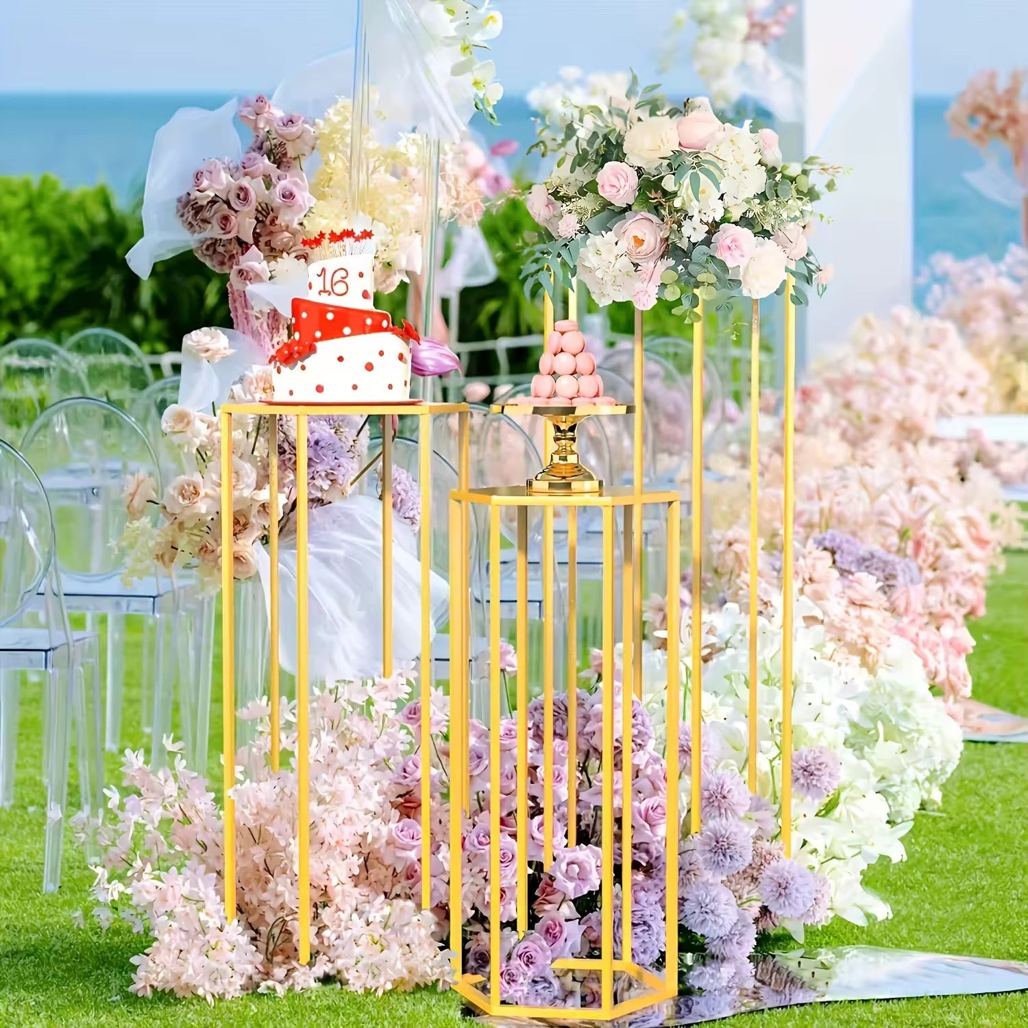 Hex Wedding Cake Stands | 3-Piece Set Gold Metal Pedestals