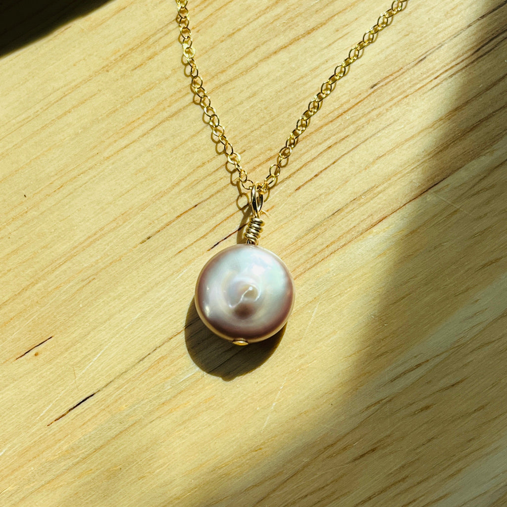 14k gold filled LAVENDER ORCHID FRESHWATER COIN PEARL NECKLACE