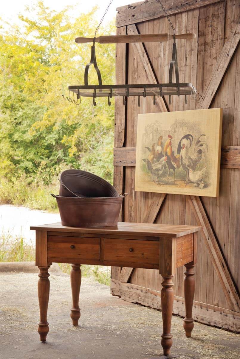 Farmhouse Hanging Pot Rack with Rolling Pin and Hooks