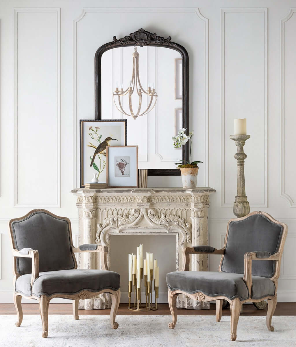 French Country Velvet Armchair with Carved Wood Frame