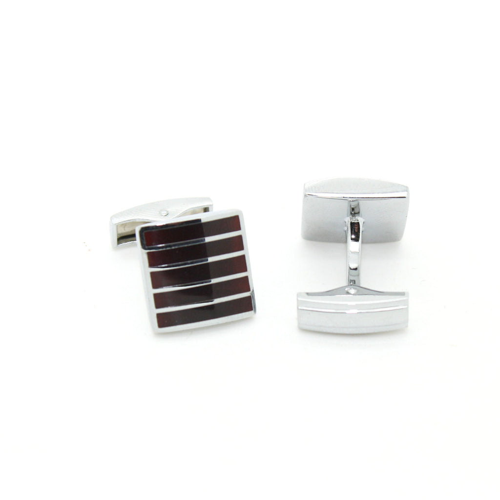 Silvertone Burgundy Stripe Cuff Links With Jewelry Box