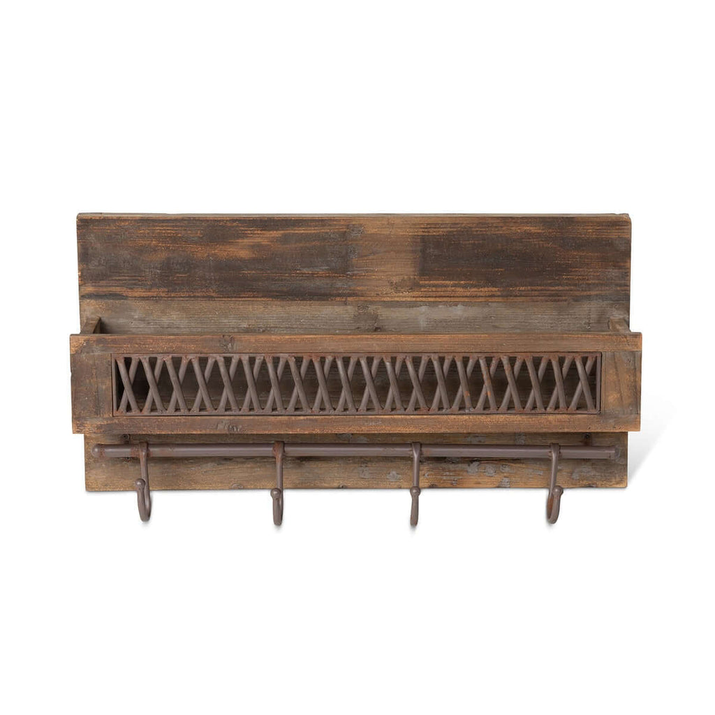 Farmhouse Wall Shelf with Hooks and Metal Lattice Accent