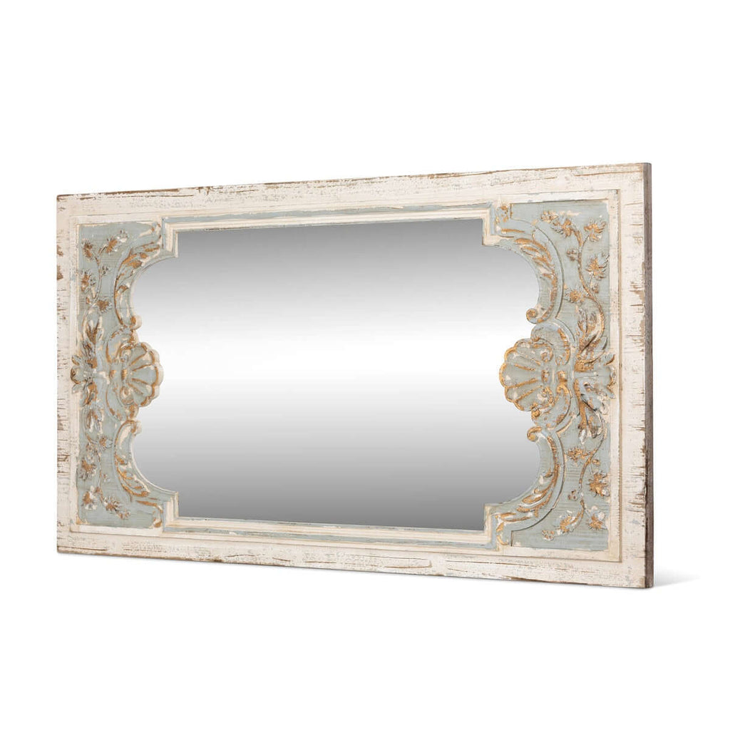 Vintage French Country Carved Wood Mirror with Distressed Blue Frame