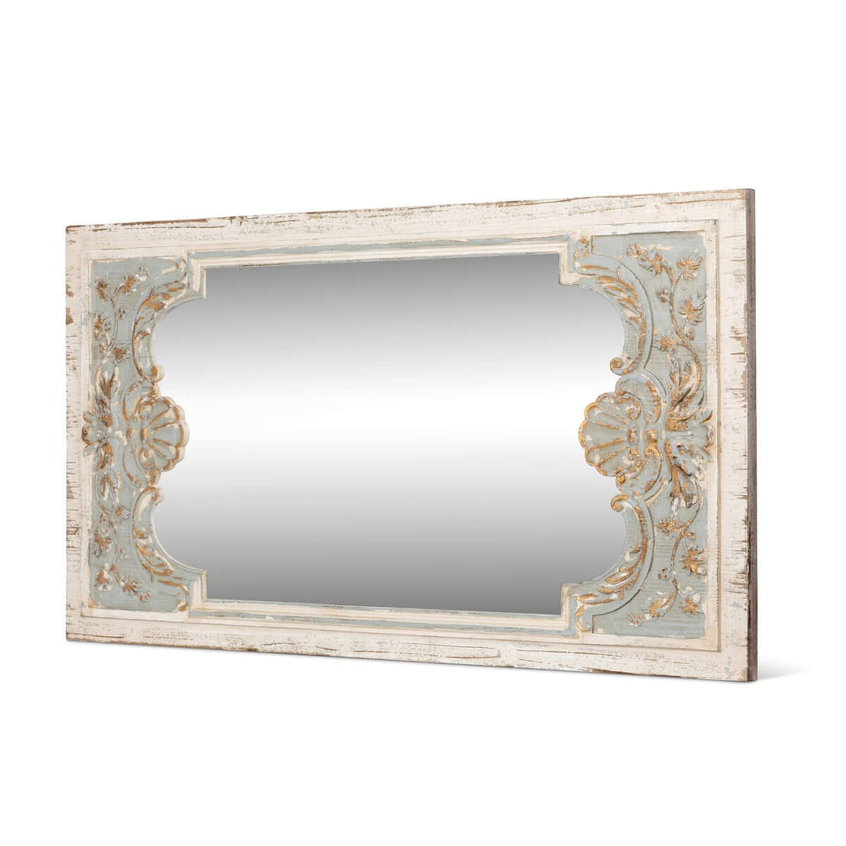 Vintage French Country Carved Wood Mirror with Distressed Blue Frame