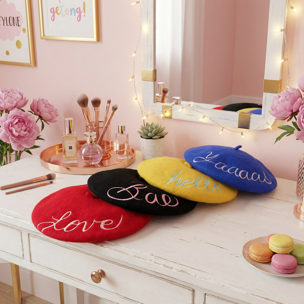 Embroidered Berets in 5 Fun Colors and Sayings | Wool and Nylon