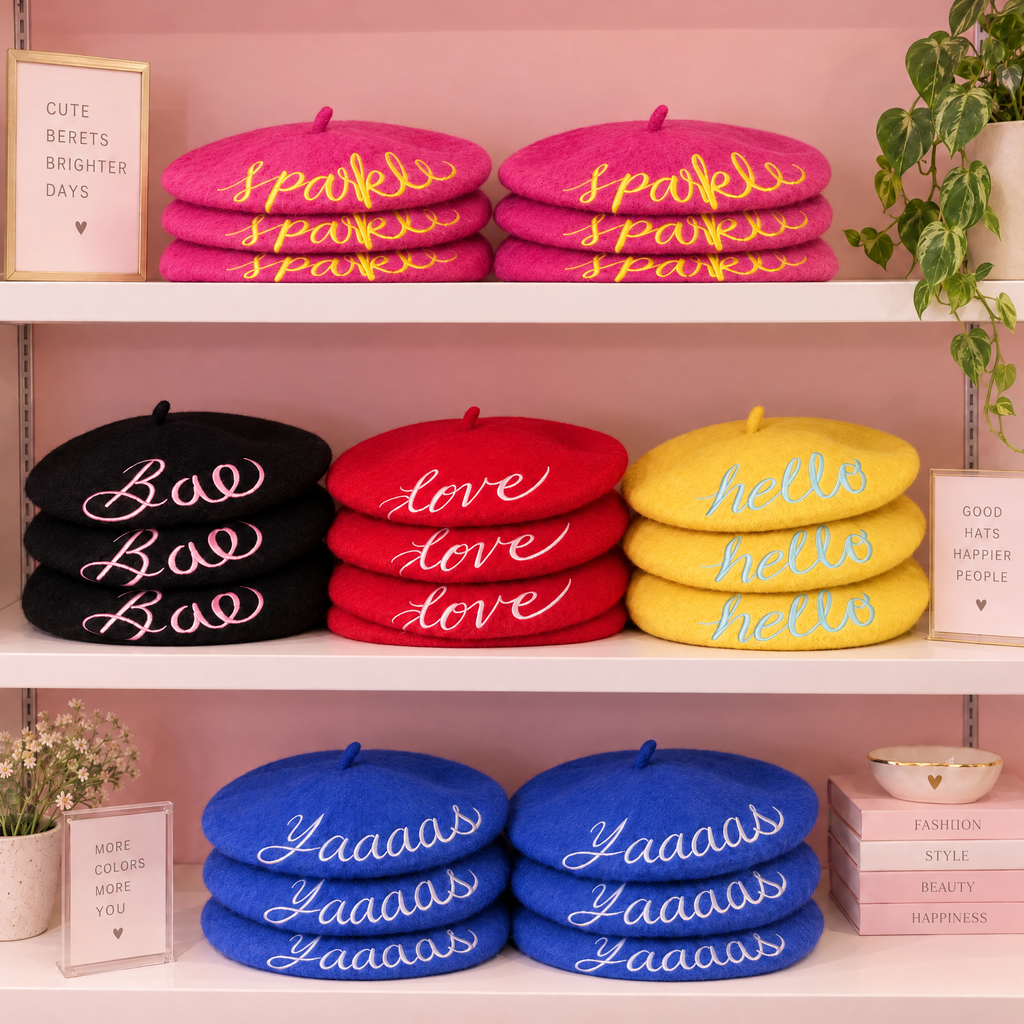 Embroidered Berets in 5 Fun Colors and Sayings | Wool and Nylon