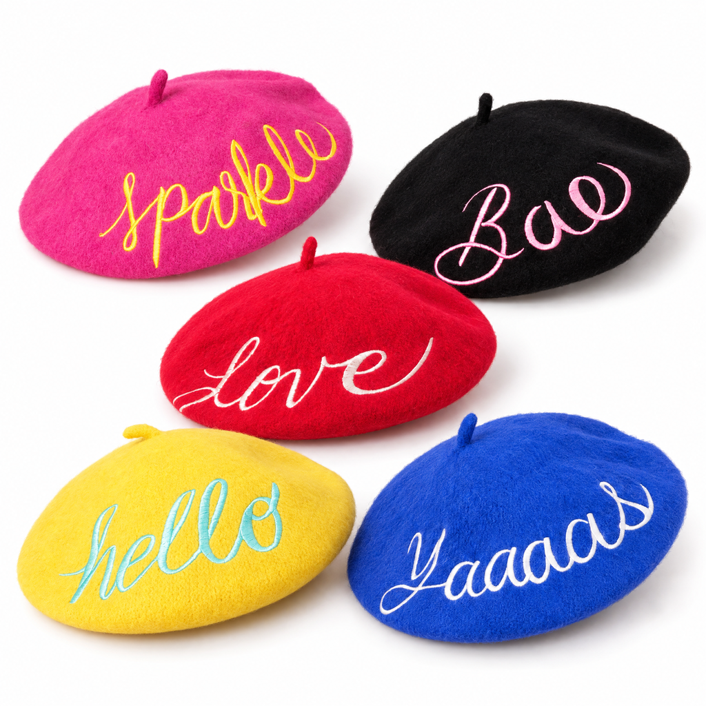 Embroidered Berets in 5 Fun Colors and Sayings | Wool and Nylon