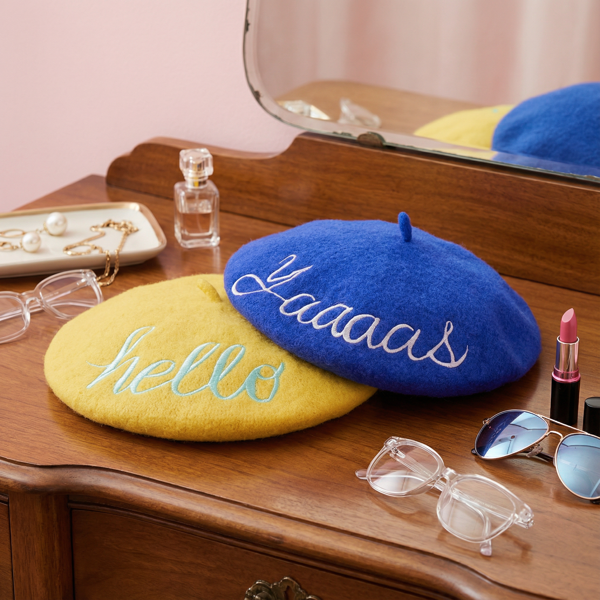 Embroidered Berets in 5 Fun Colors and Sayings | Wool and Nylon
