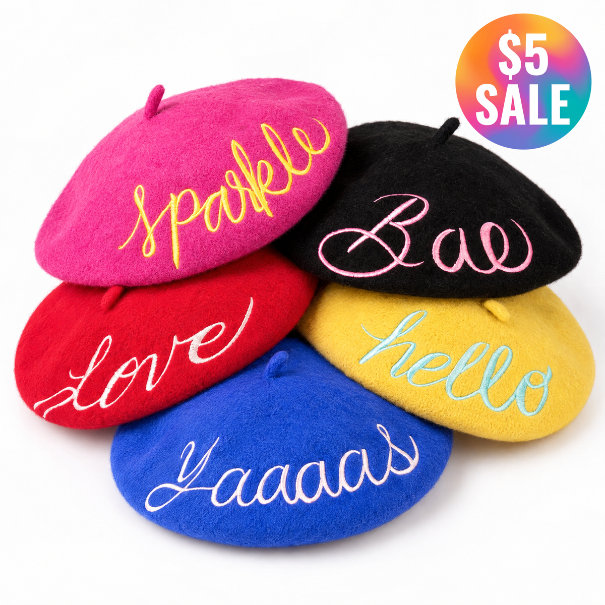 Embroidered Berets in 5 Fun Colors and Sayings | Wool and Nylon