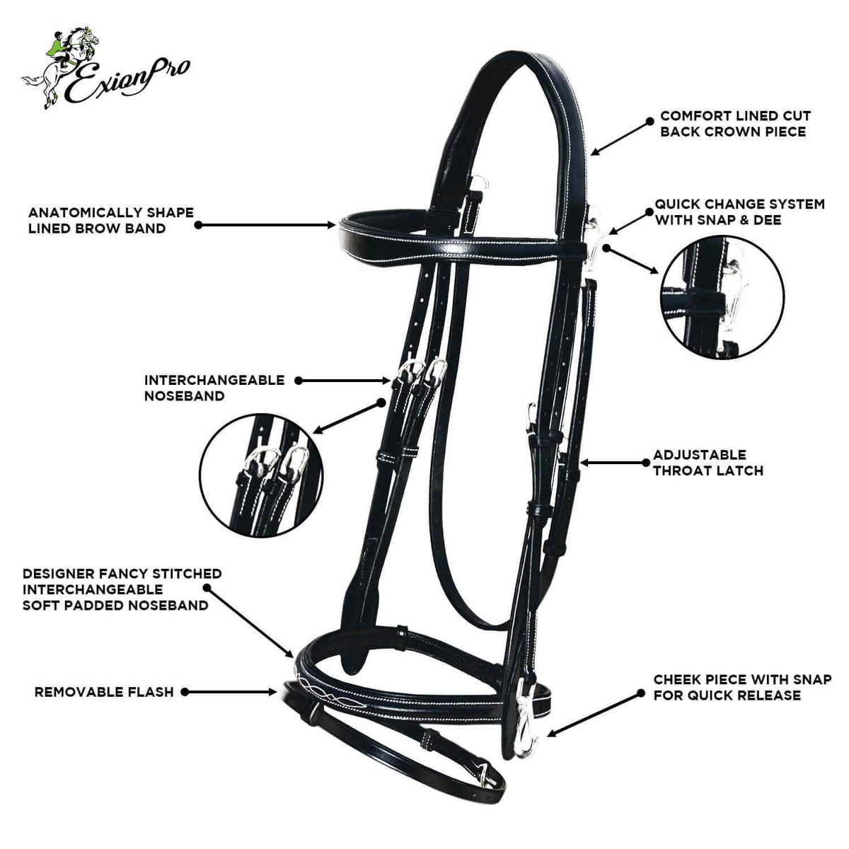 ExionPro Quick Release Snaffle Jumping Bridle with Rubber Reins