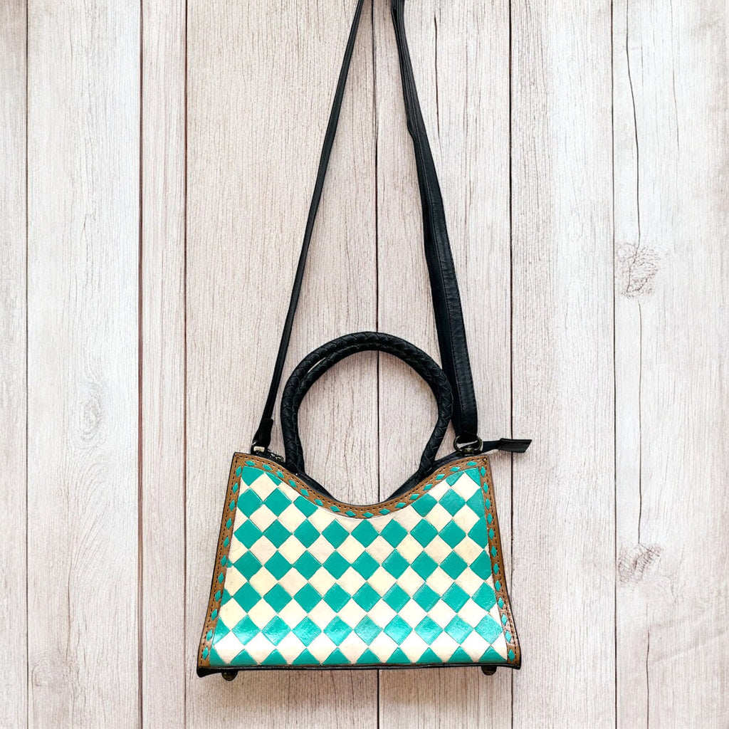 Checkered Tote Crossbody Turquoise