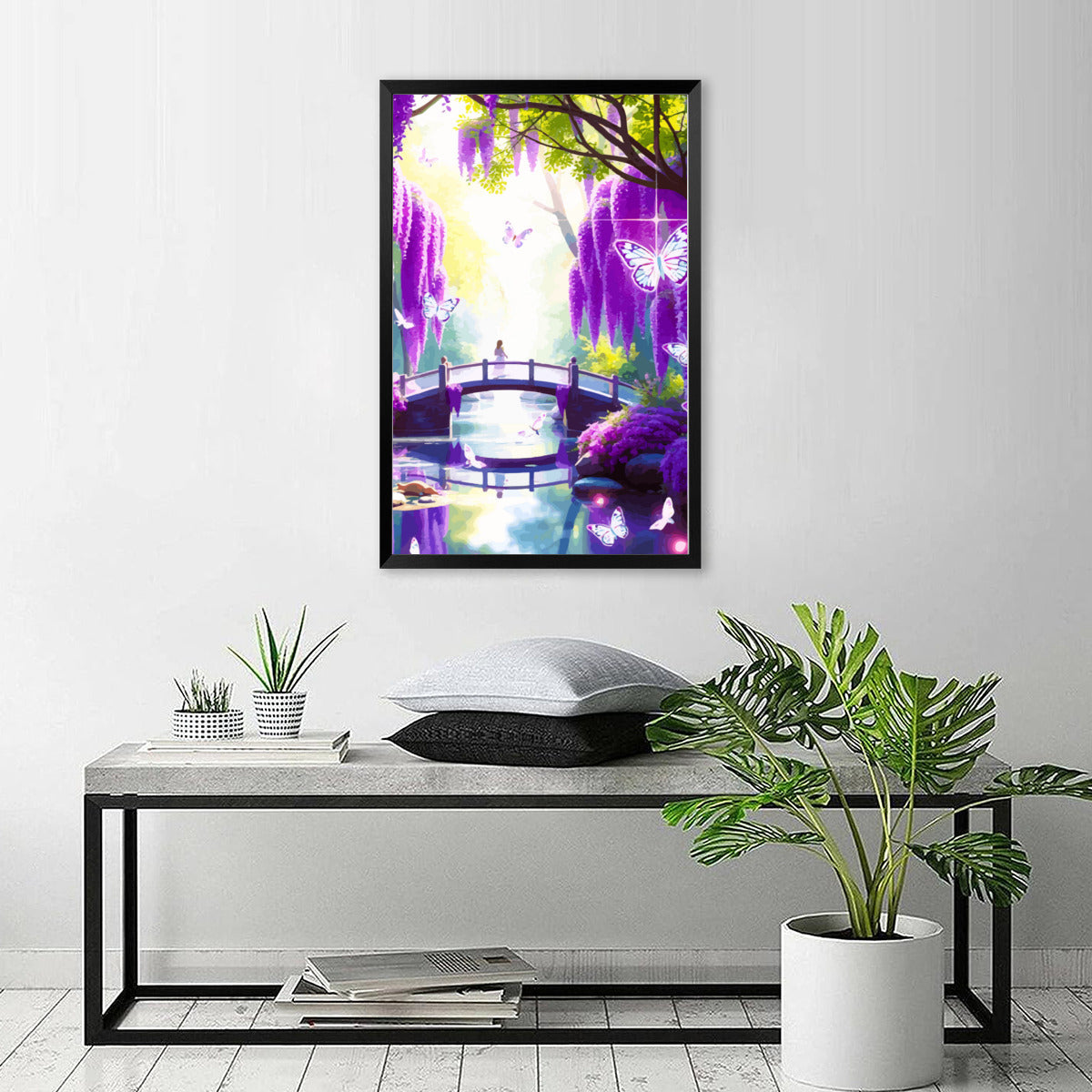 Lavender Fantasy Bridge Scene High Quality Framed Canvas Print