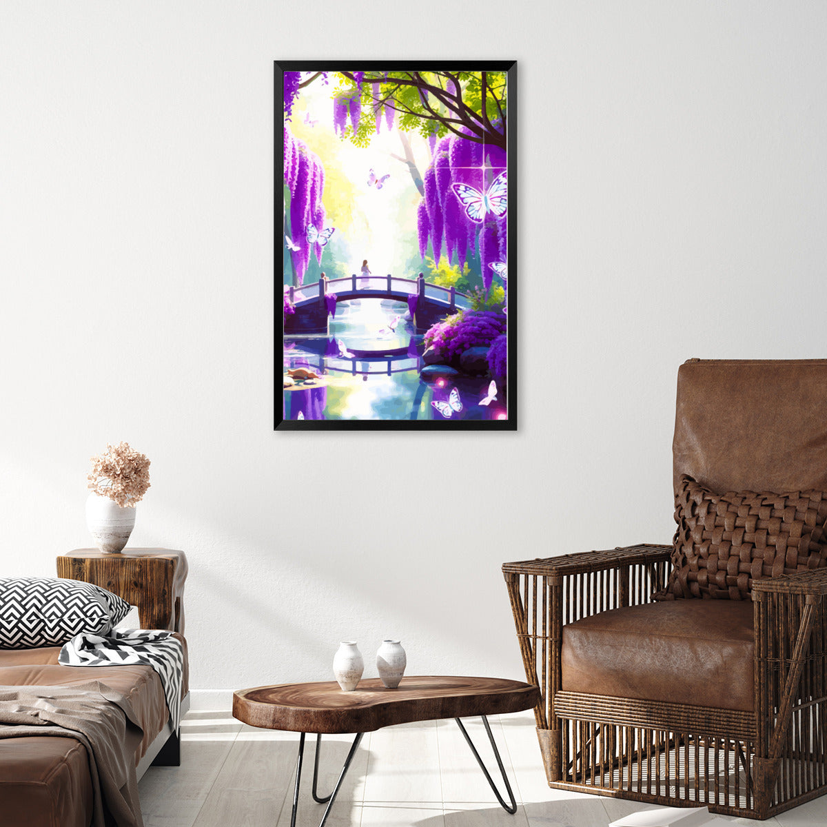 Lavender Fantasy Bridge Scene High Quality Framed Canvas Print
