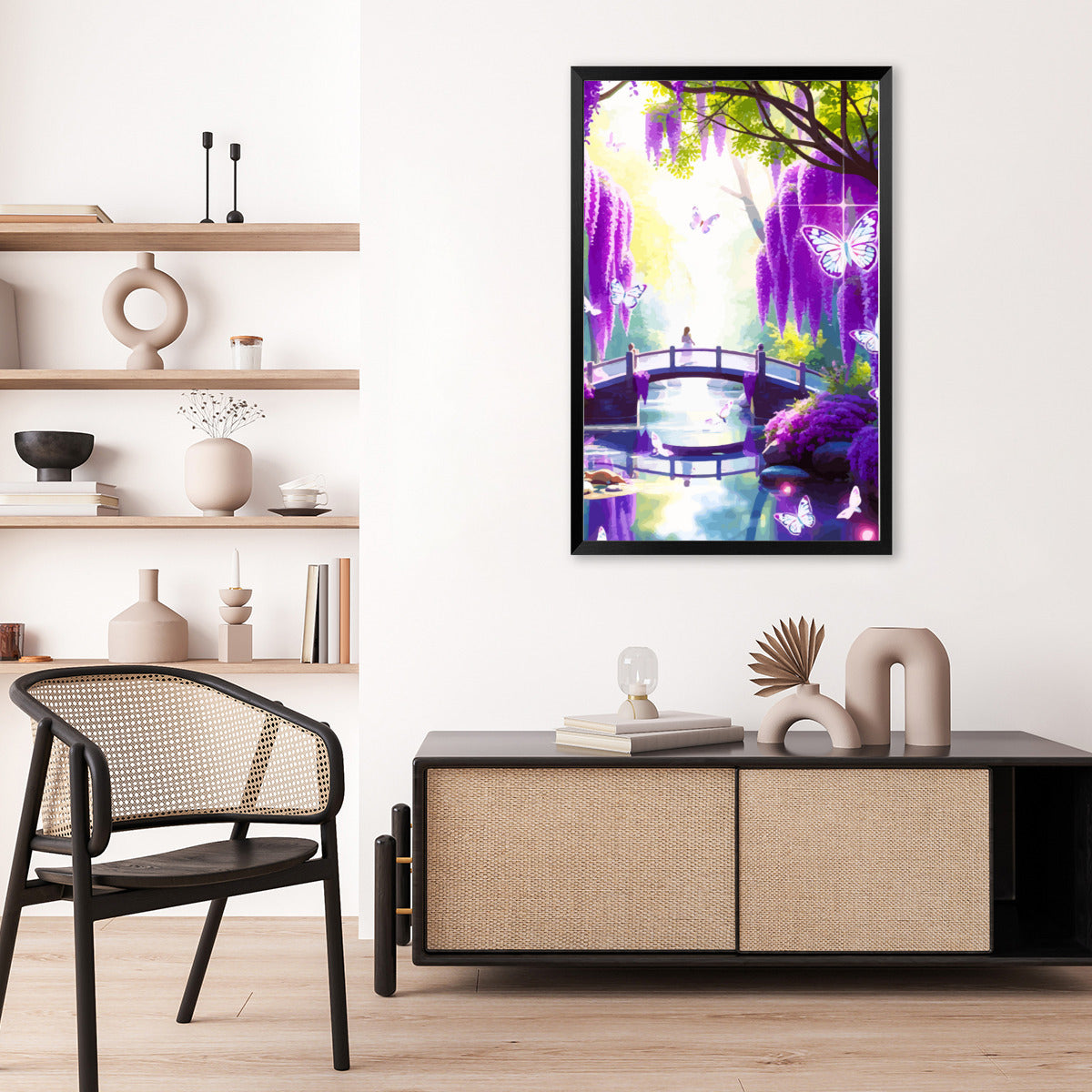 Lavender Fantasy Bridge Scene High Quality Framed Canvas Print