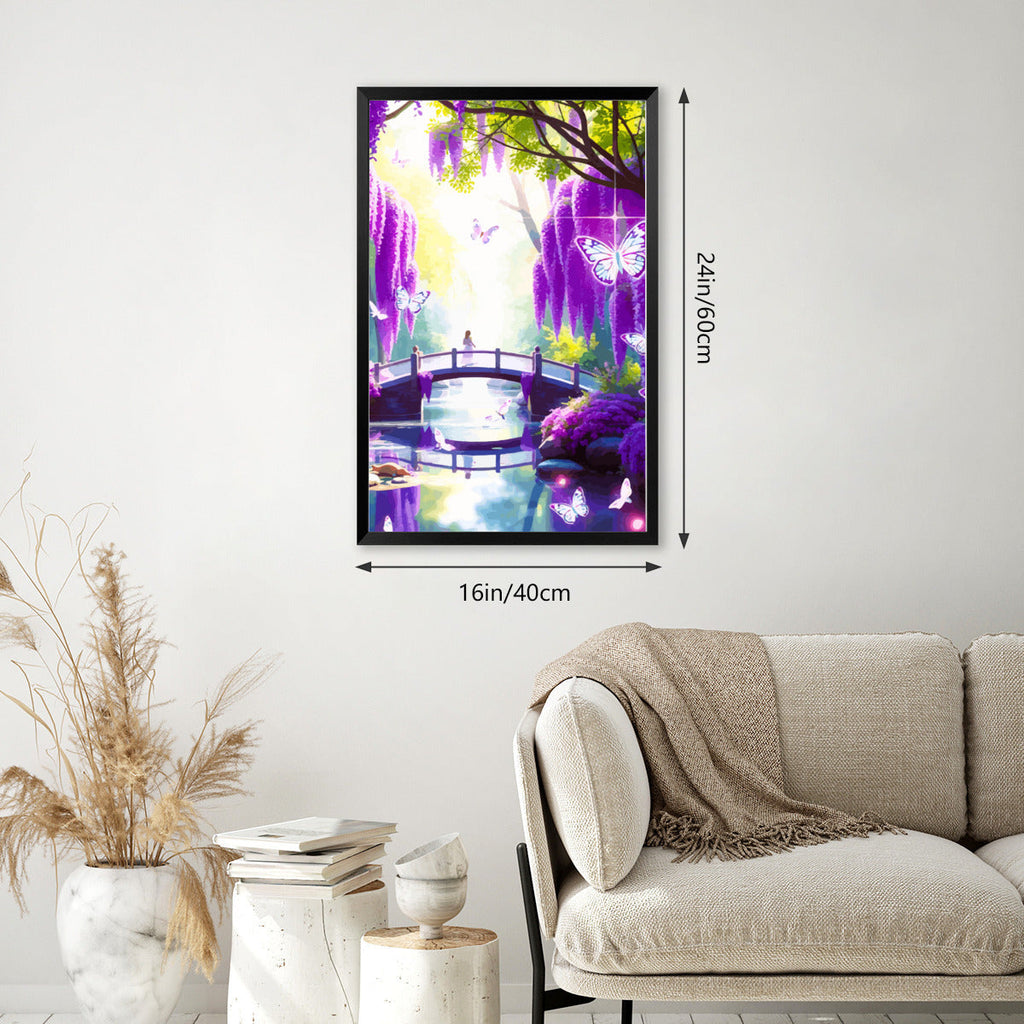 Lavender Fantasy Bridge Scene High Quality Framed Canvas Print