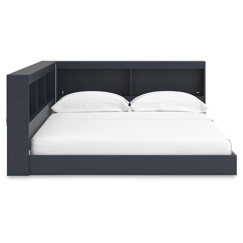 Full size Blue Wooden Corner Storage Bed with Bookcase Headboard and USB Ports