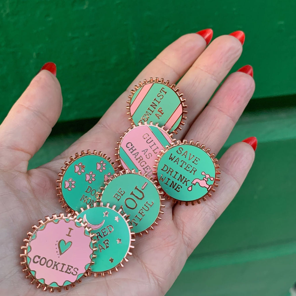 Feminist AF Pink and Green Stripes Enamel Pin on Gift Card