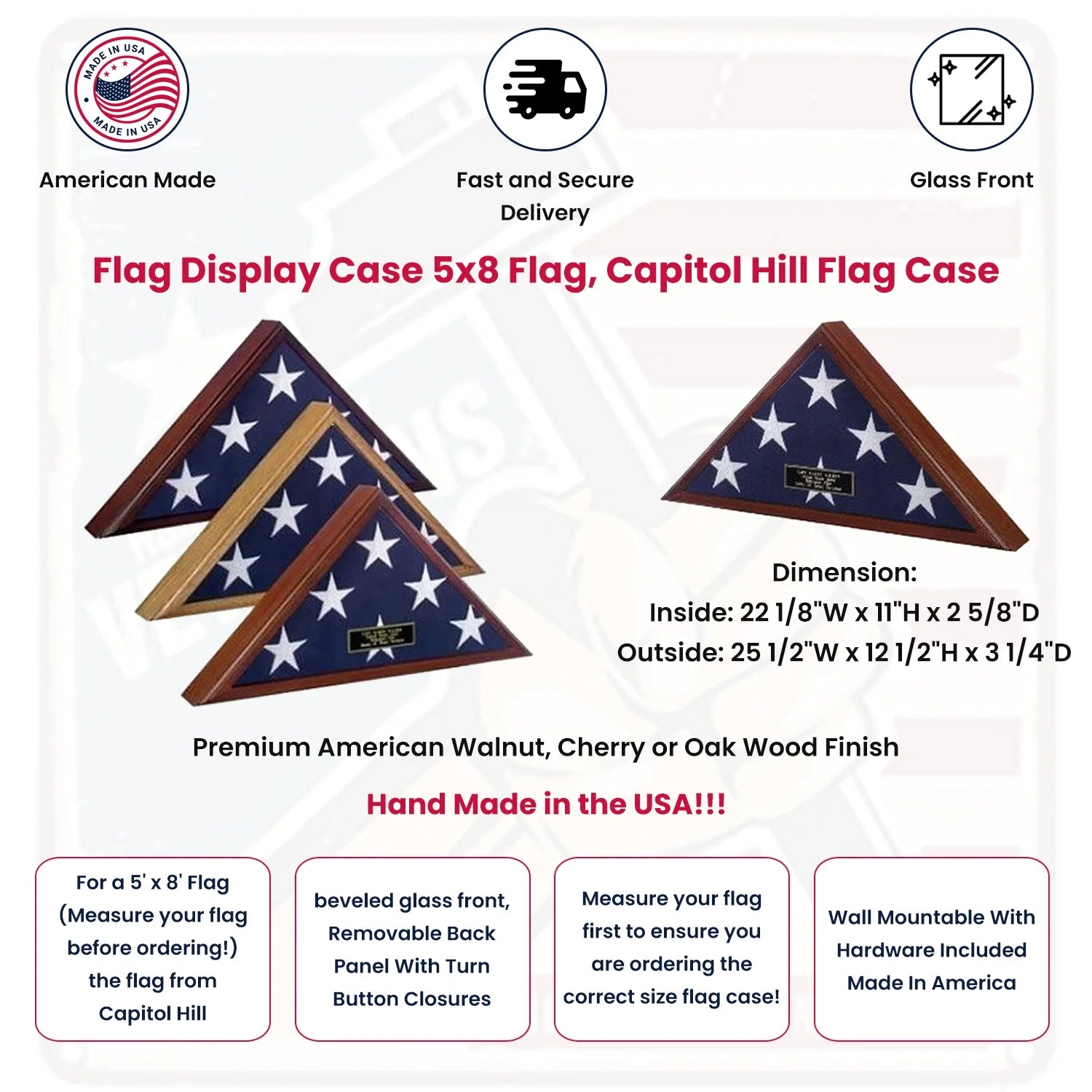 Flag Display Case 5x8 flag, Capitol Hill Flag Case Walnut finish