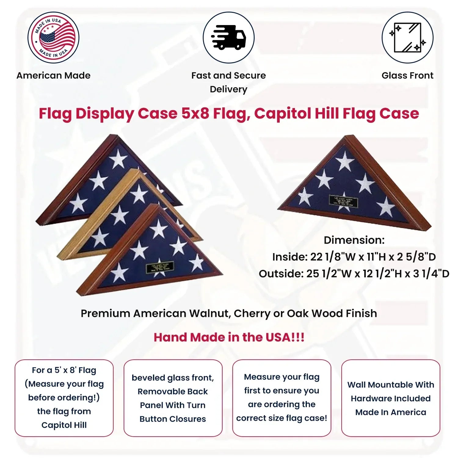 Flag Display Case 5x8 flag, Capitol Hill Flag Case Available in Heirloom Walnut, Cherry or Oak Finish