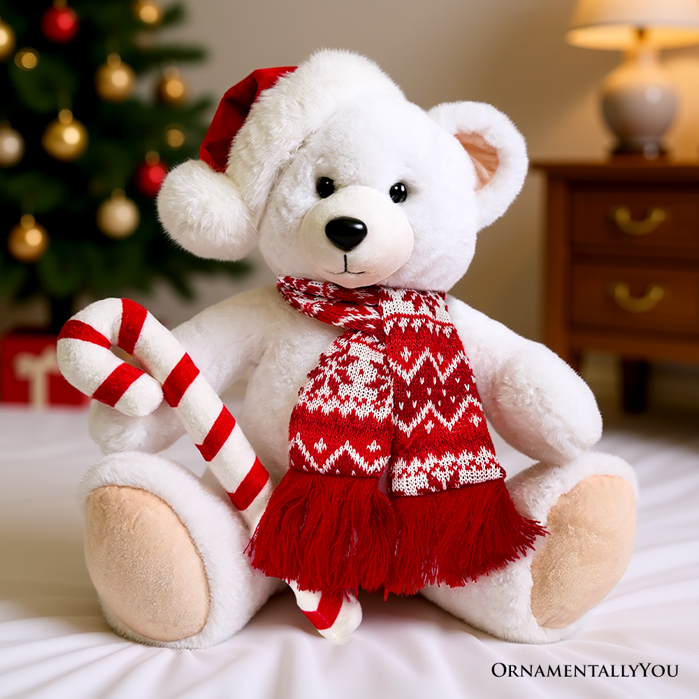 (Pre-Order) Snowy the Polar Bear Plushie, Cute Kids’ 12" Christmas Stuffed Toy, Santa Hat and Candy Cane