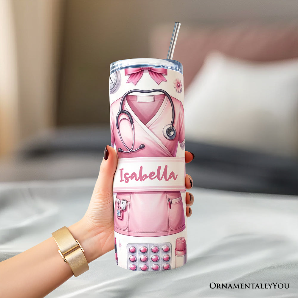 Pink Nurse Life 20oz Personalized Tumbler With Lid and Stainless Steel Straw, Medical Worker Appreciation Gift Cup