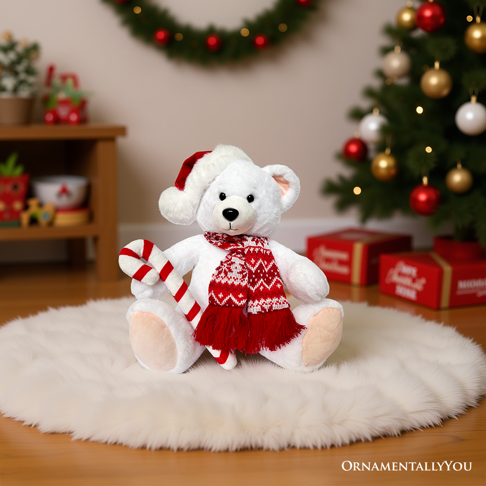 (Pre-Order) Snowy the Polar Bear Plushie, Cute Kids’ 12" Christmas Stuffed Toy, Santa Hat and Candy Cane