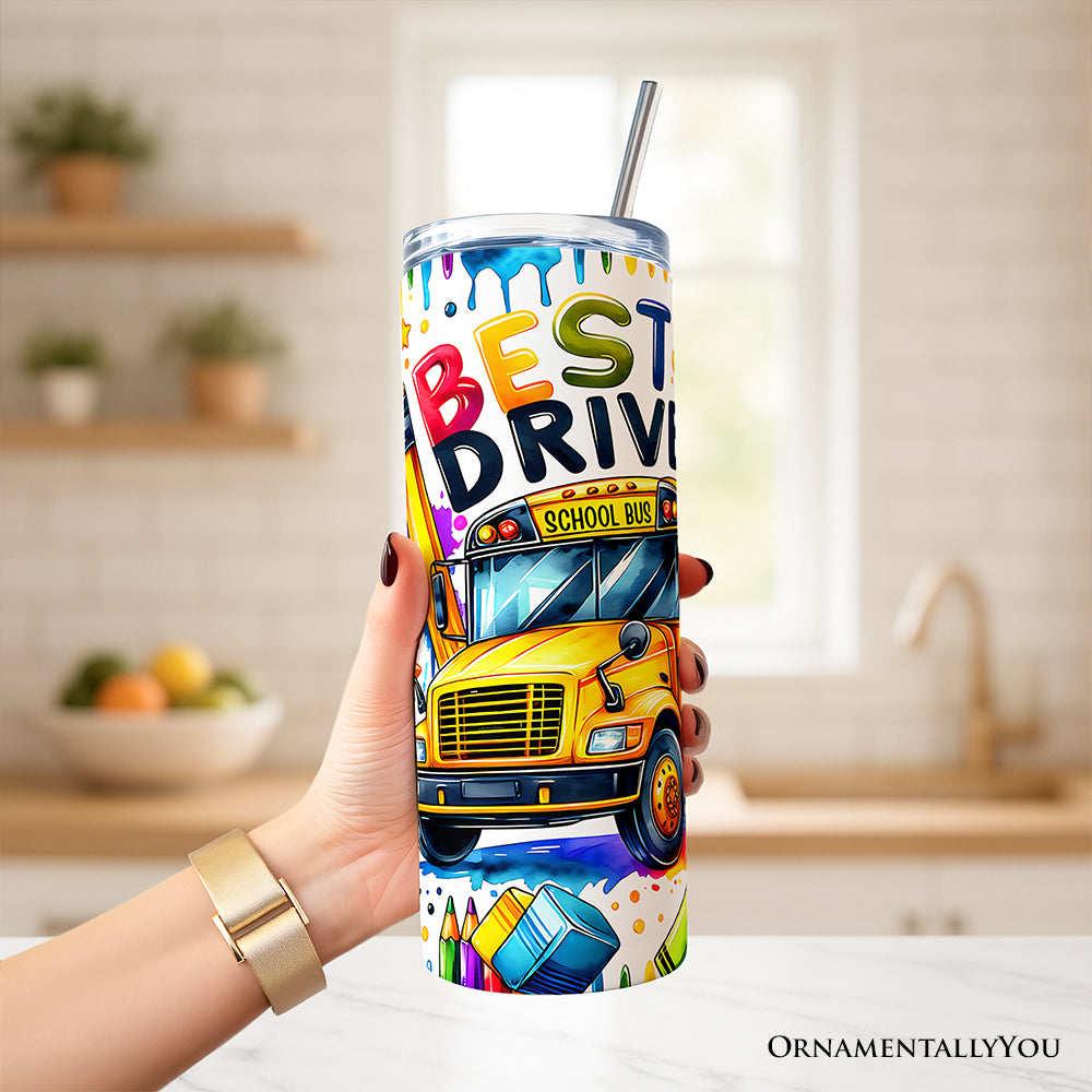 Colorful Best Bus Driver 20oz Personalized Tumbler With Lid and Stainless Steel Straw, School Staff Appreciation Gift Cup