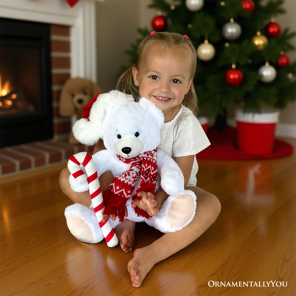 (Pre-Order) Snowy the Polar Bear Plushie, Cute Kids’ 12" Christmas Stuffed Toy, Santa Hat and Candy Cane