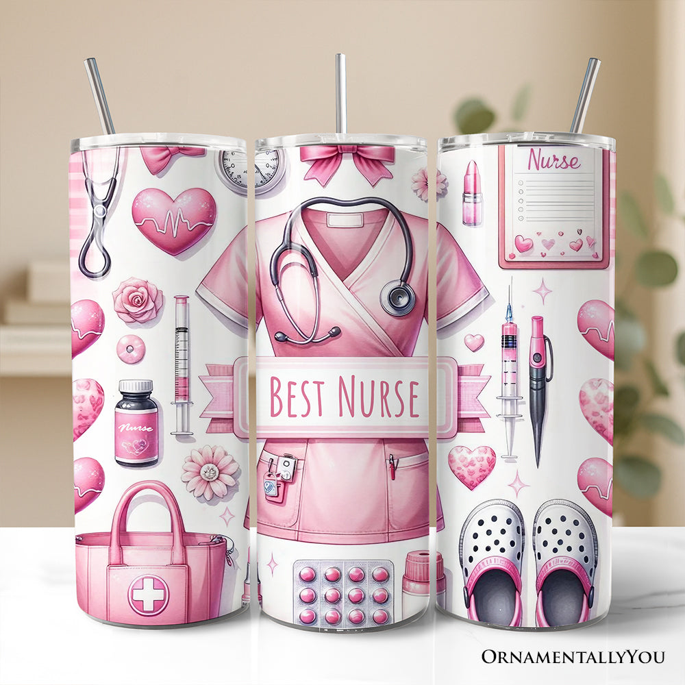 Pink Nurse Life 20oz Personalized Tumbler With Lid and Stainless Steel Straw, Medical Worker Appreciation Gift Cup