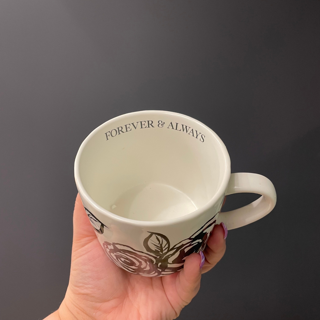 Forever & Always Mug in White with Black Floral Artwork | Giftable Coffee Tea Cup | 15oz