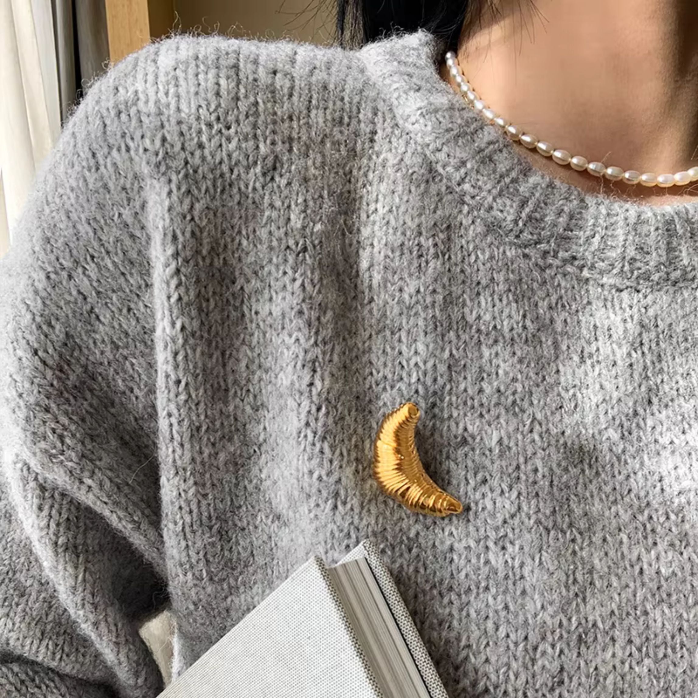 French Croissant Brooch in Gold & Silver 1.4" Metal Pin for Food Lovers