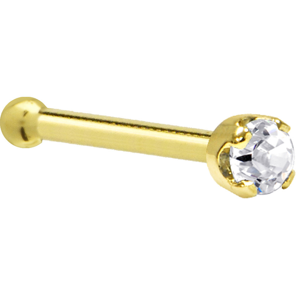 Solid 14K Yellow Gold 2mm Clear Cubic Zirconia Nose Ring