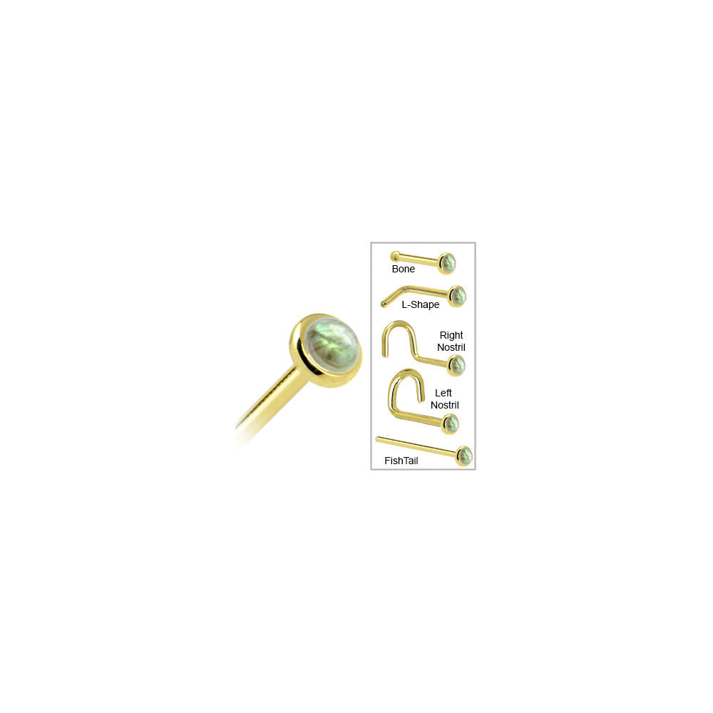 Solid 14K Yellow Gold 2mm Labradorite Nose Ring