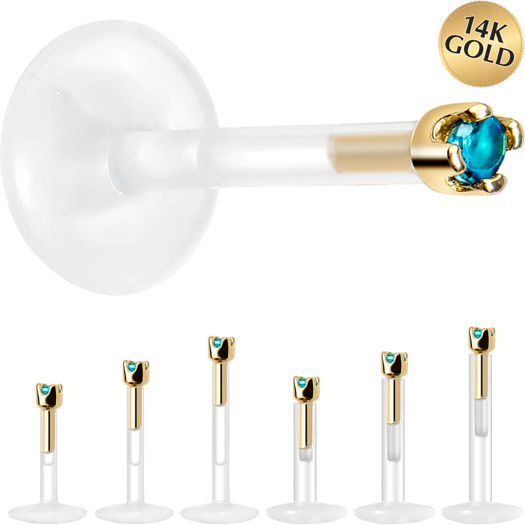 Solid 14K Yellow Gold December 1.5mm CZ Bioplast Push in Labret Monroe