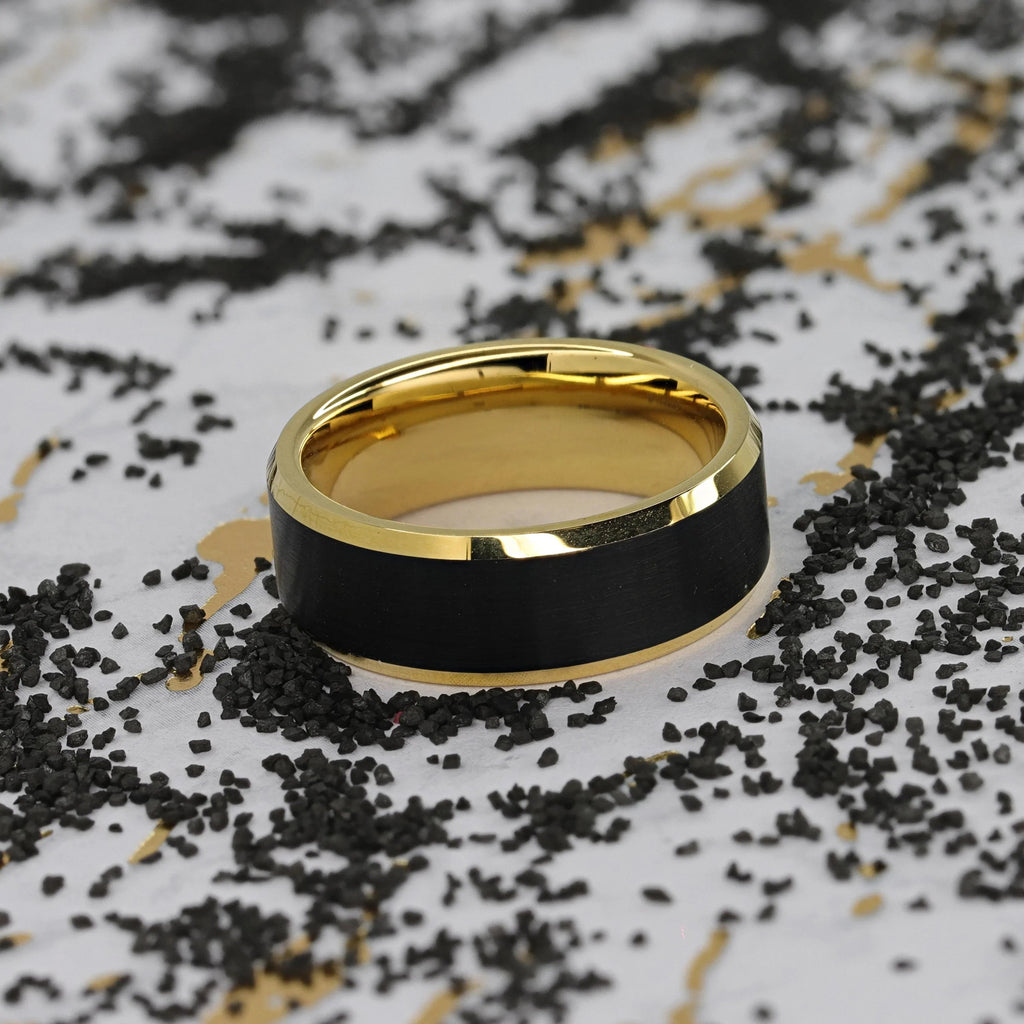GASTON Gold-Plated Tungsten Beveled Ring with Brushed Black Center – 6mm or 8mm