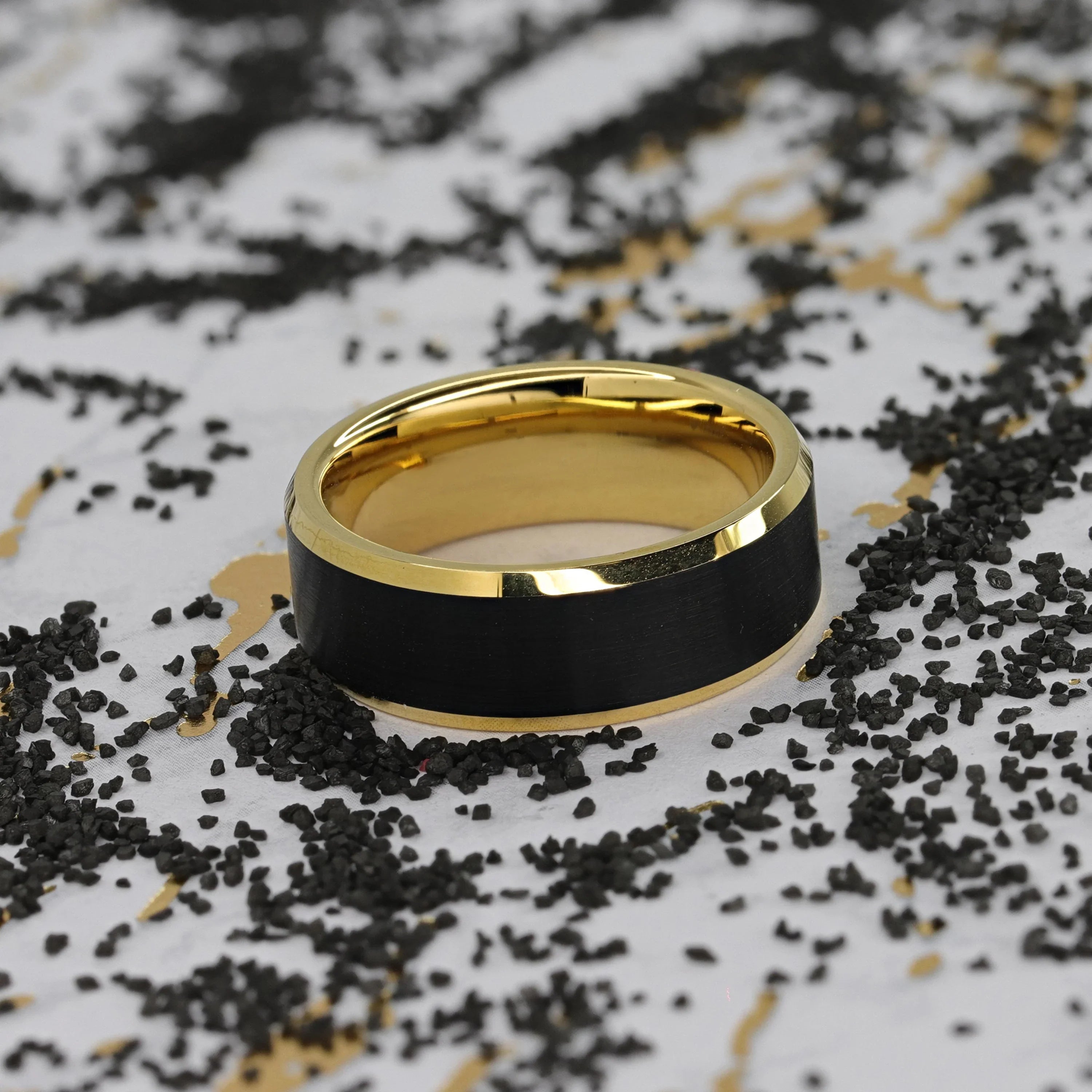GASTON Gold-Plated Tungsten Beveled Ring with Brushed Black Center – 6mm or 8mm