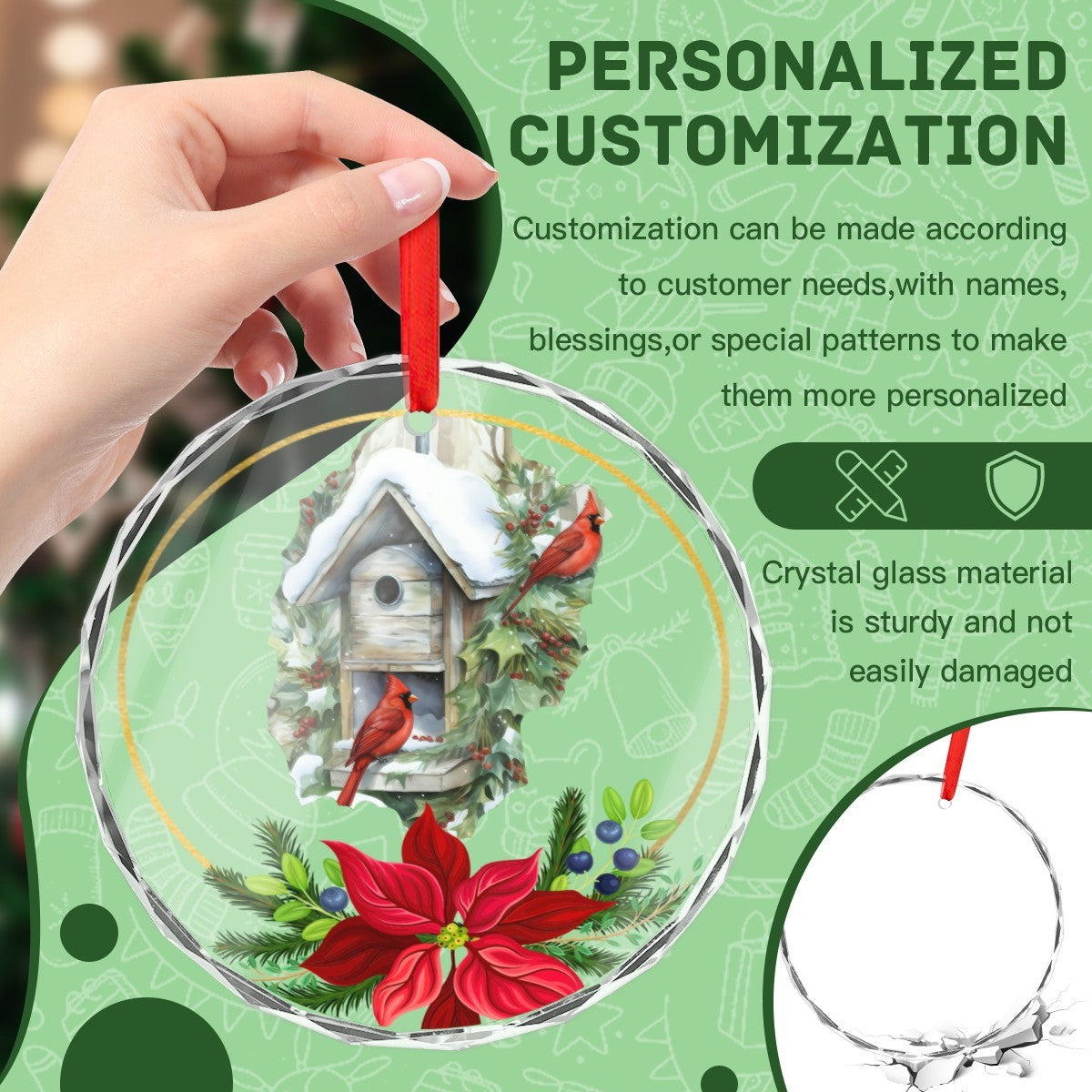 Red Birds in the Winter Christmas Glass Ornament