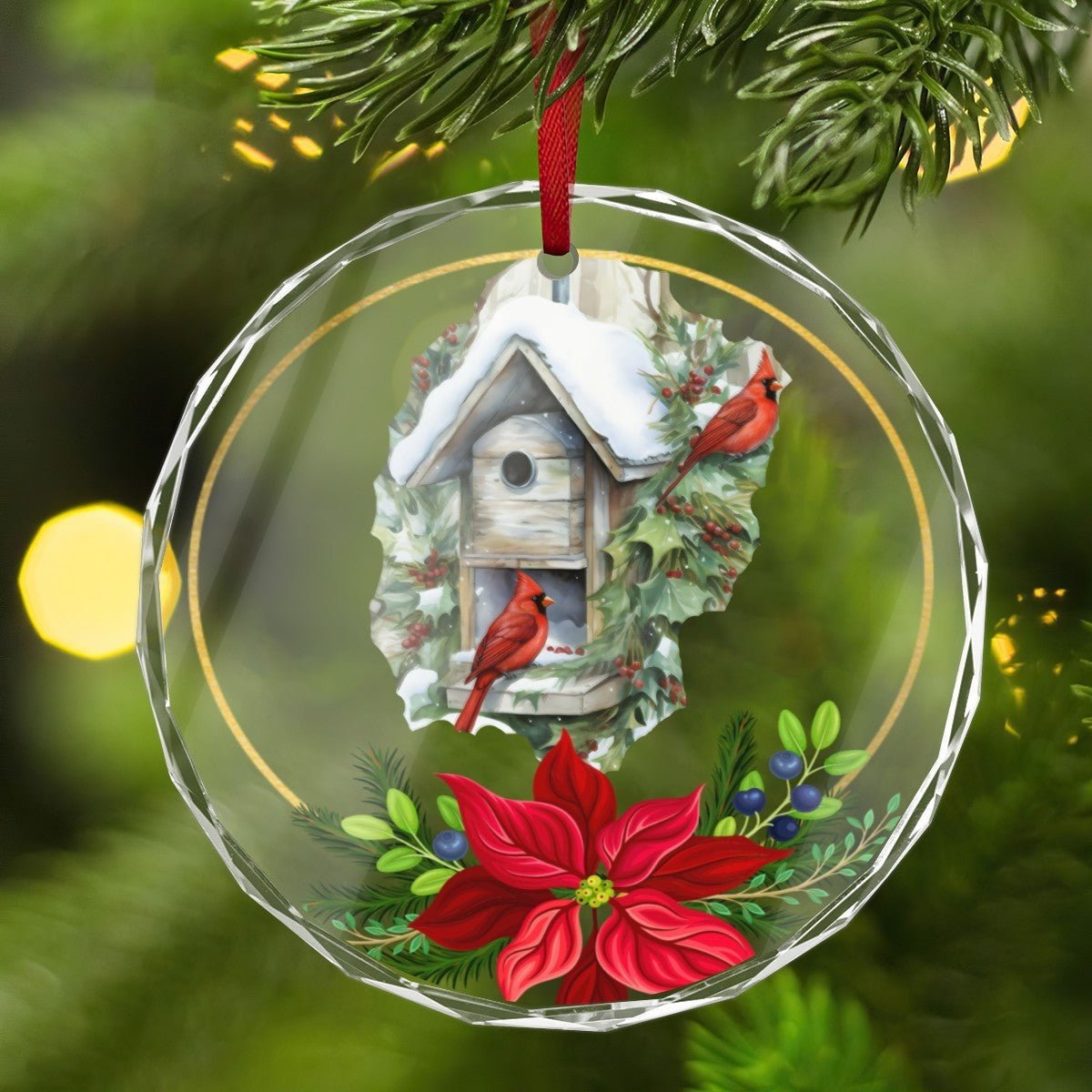 Red Birds in the Winter Christmas Glass Ornament