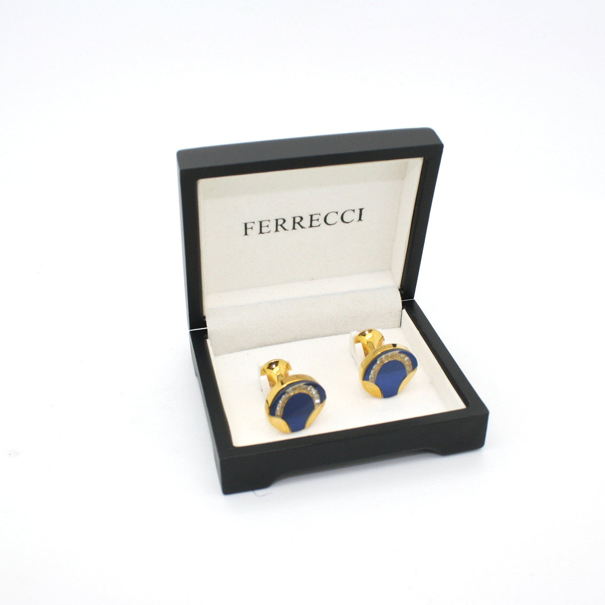 Goldtone Round Blue Glass Cuff Links With Jewelry Box