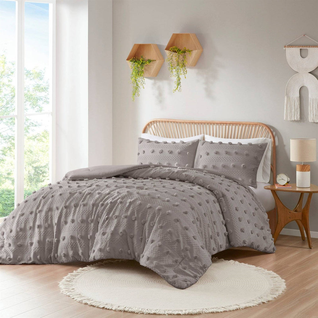 Twin/Twin XL 2-Piece Grey Microfiber Comforter Set with Decorative Pompoms