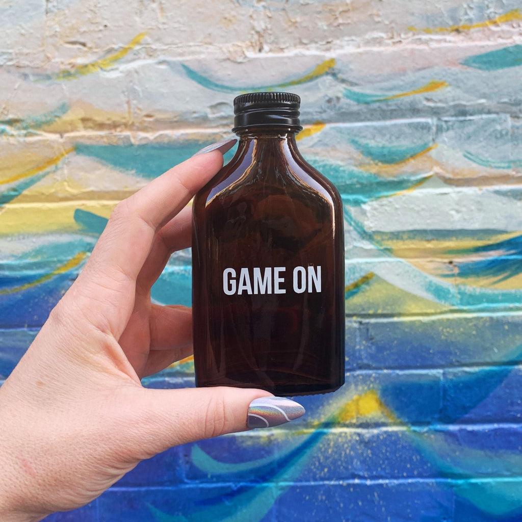 Game On Amber Mini Flask | Fathers Day, Dad Gift, Sports Themed Liquor Bottle | Glass