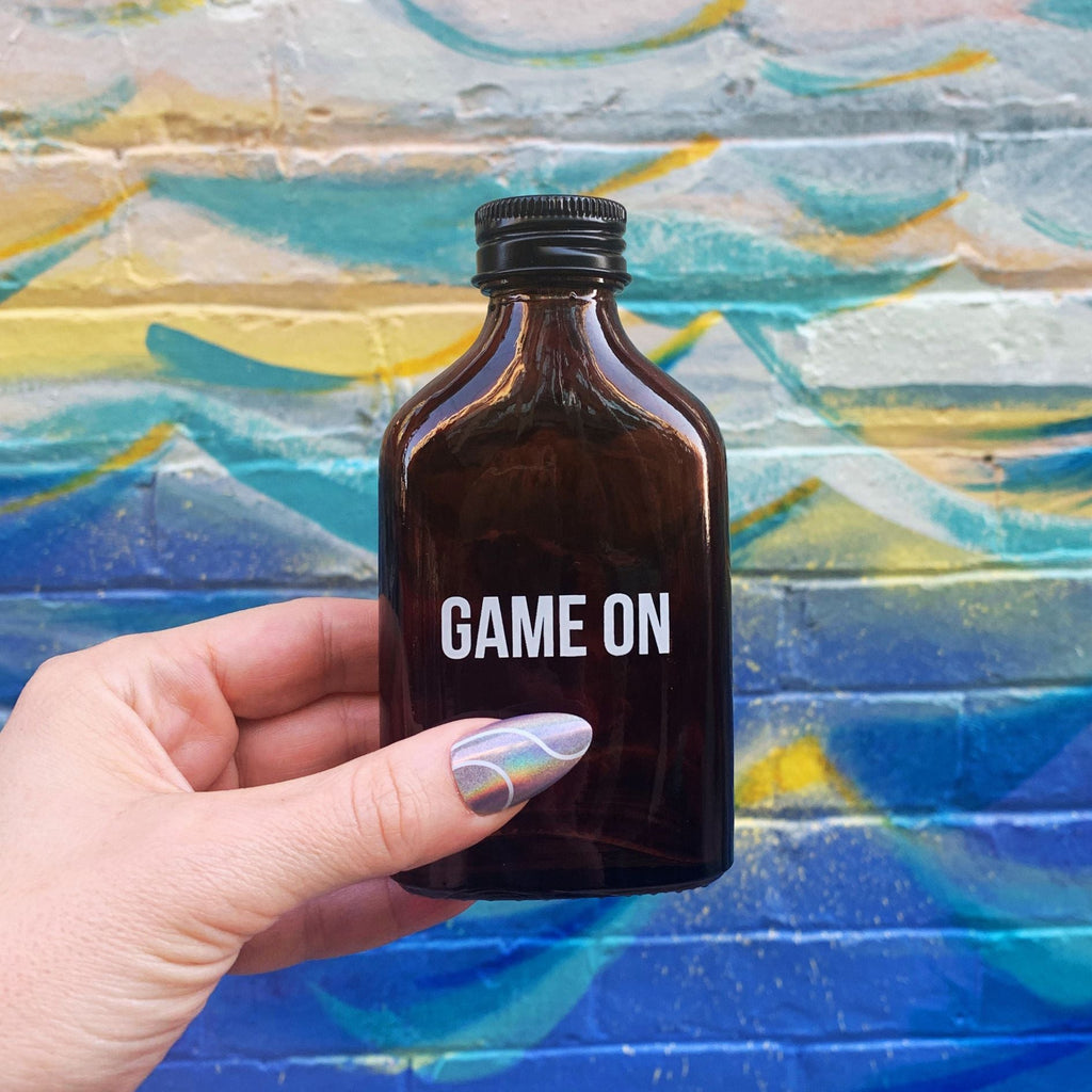 Game On Amber Mini Flask | Fathers Day, Dad Gift, Sports Themed Liquor Bottle | Glass