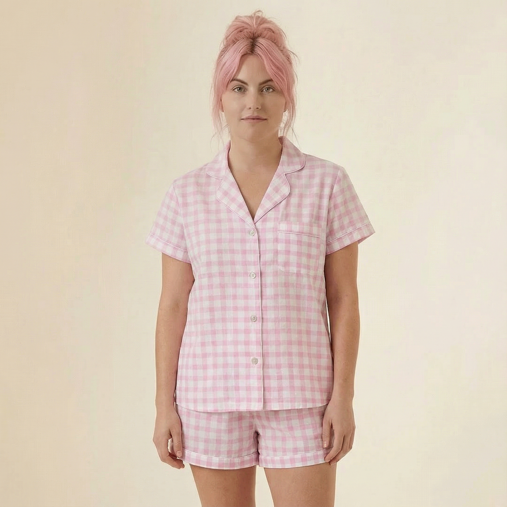 Gingham Pajamas Short Set in Pink | Button Top and Shorts Sleepwear [Sizes SM-L]