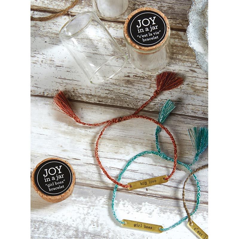 Peace Out Stamped Brass Bar Woven Thread Bracelet | In a Giftable Glass Jar with Cork Lid