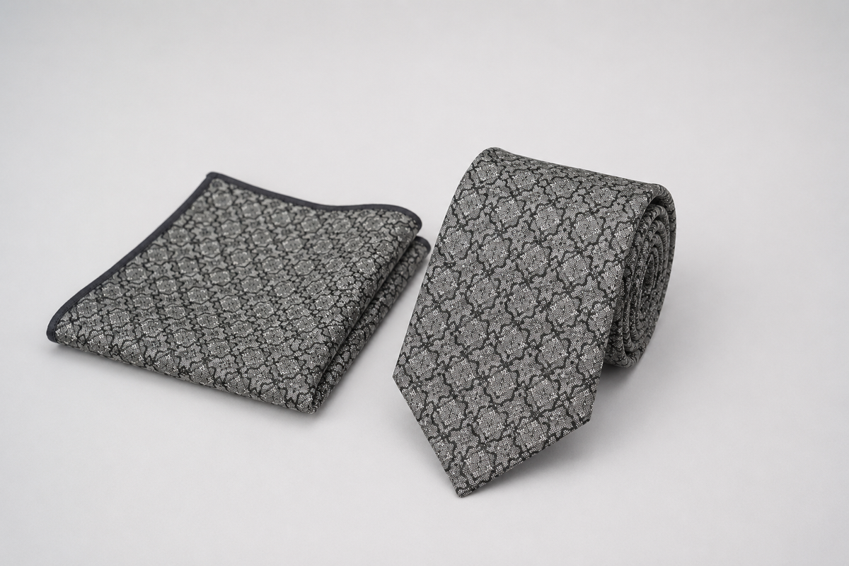 Gray Silk Tie & Pocket Square Set – Geometric Design