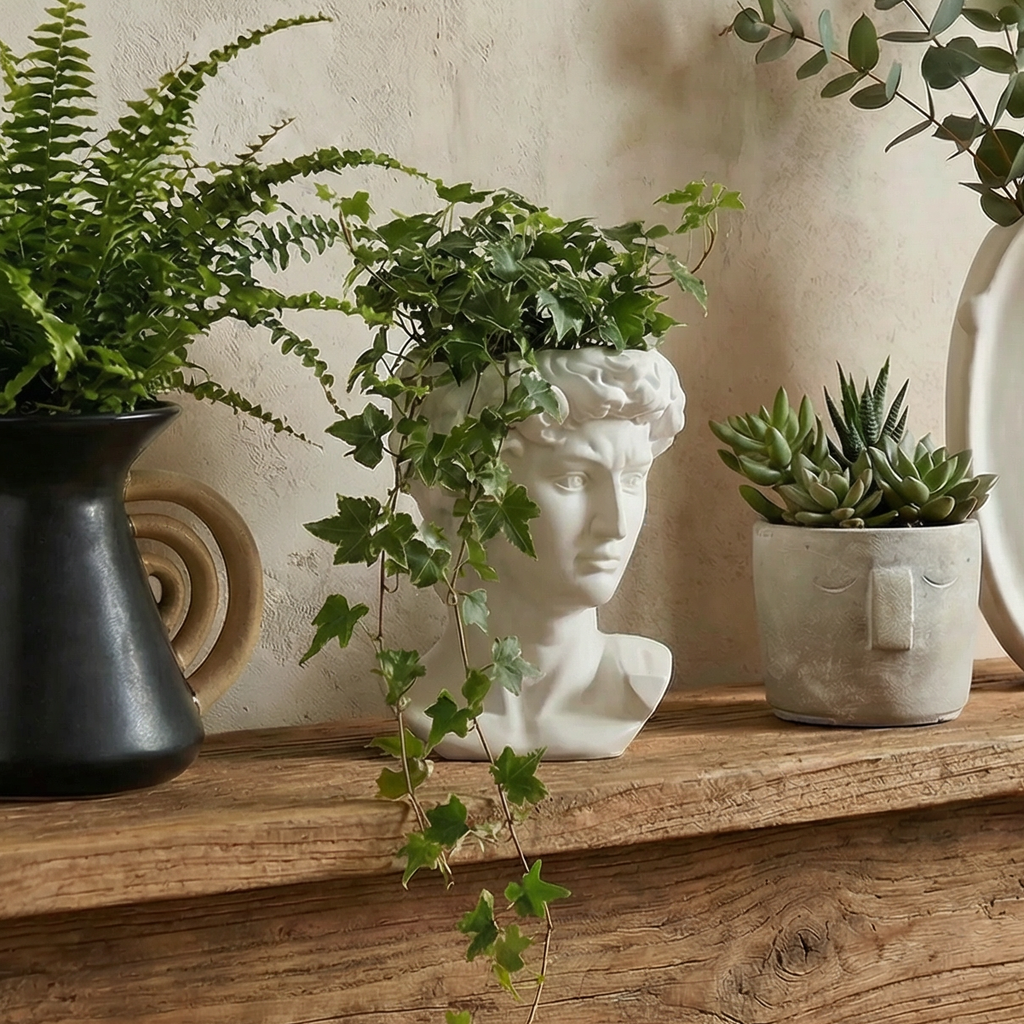Greek Face Planter Statue | Home Office Table Top Decor Roman Figure | 6.5" x 6"
