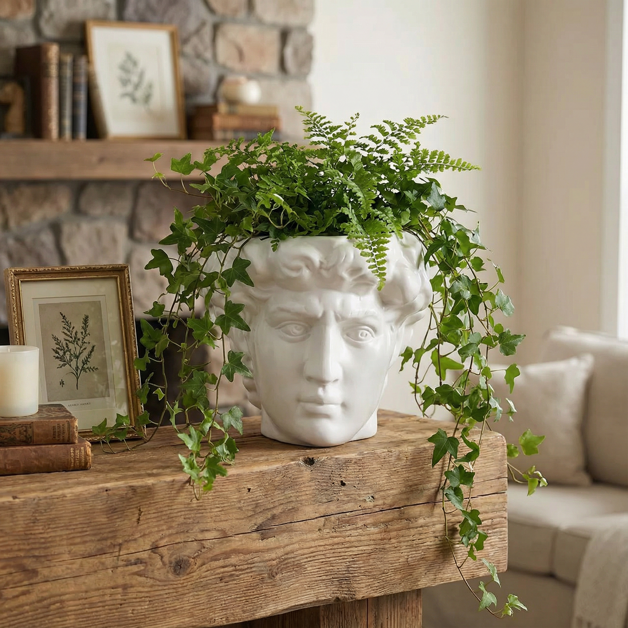 Greek Face Planter Statue | Home Office Table Top Decor Roman Figure | 6.5" x 6"